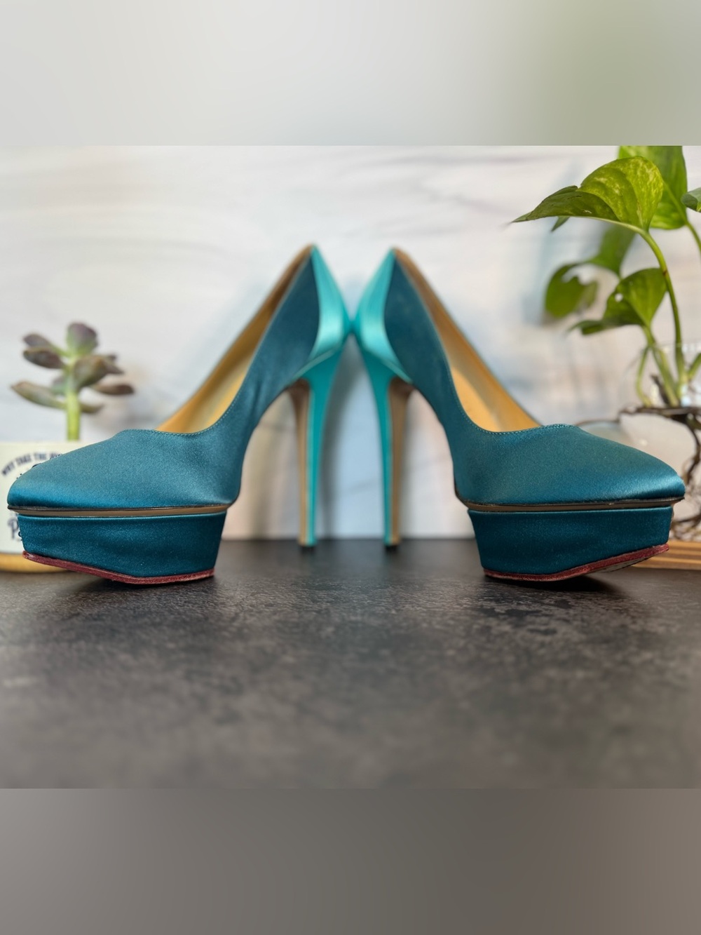Charlotte Olympia Blue & Teal Satin Platforms Pumps Heels, Size 37.5